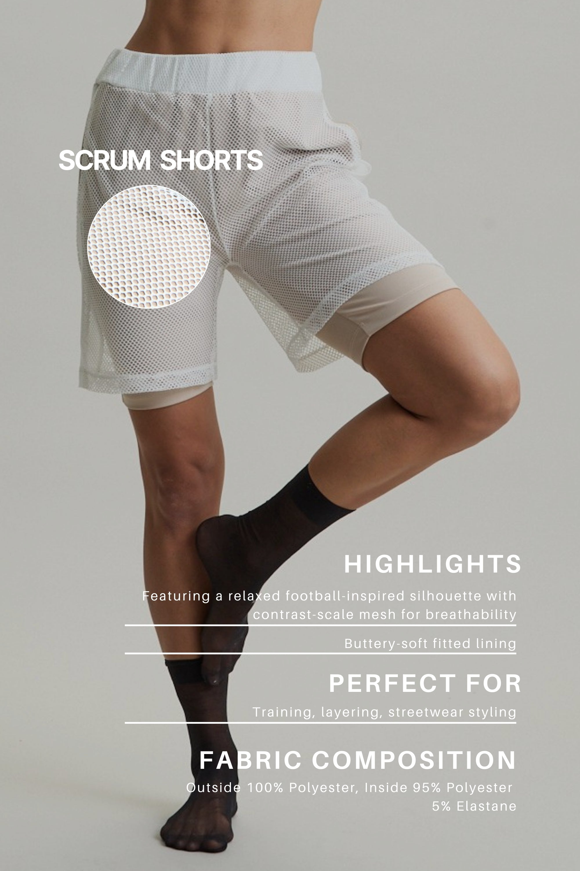 Women's HRMN8 white beige athletic mesh shorts for training and athleisure, relaxed fit workout shorts with soft fitted lining, breathable contrast-scale mesh sports shorts, football-inspired gym shorts, high-performance athleisure activewear, these versatile shorts can be worn solo or layered, perfect for athleisure, workouts, gym wear, and everyday.
