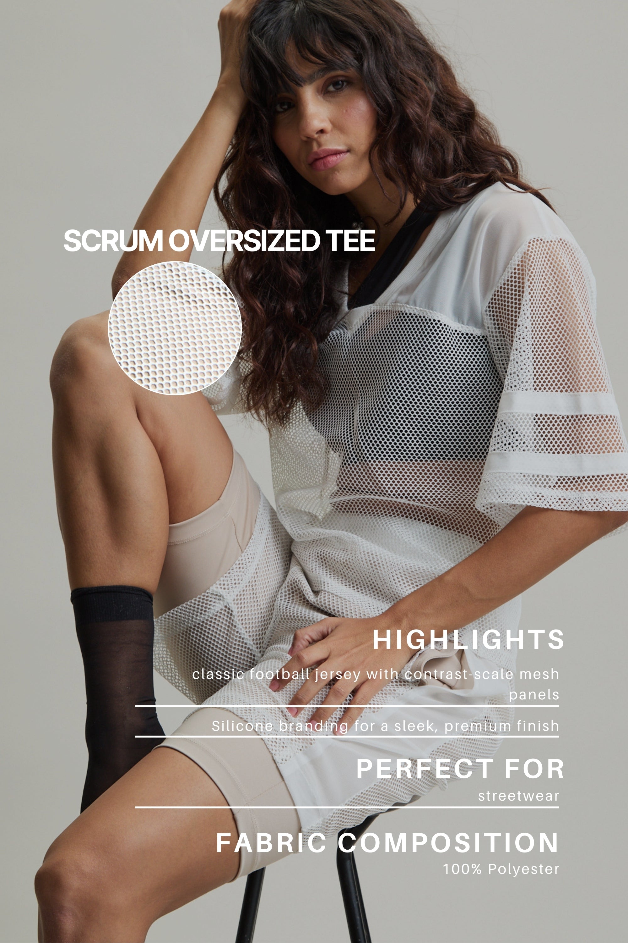 Women's HRMN8 white oversized mesh T-shirt for athleisure and activewear, breathable football-style layering top, relaxed fit sports tee, sheer contrast-scale mesh gym top, lightweight workout shirt, stylish performance wear, premium athletic streetwear, modern fitness fashion. This versatile top can be worn solo or layered, perfect for athleisure, workouts, gym wear, and everyday activewear.