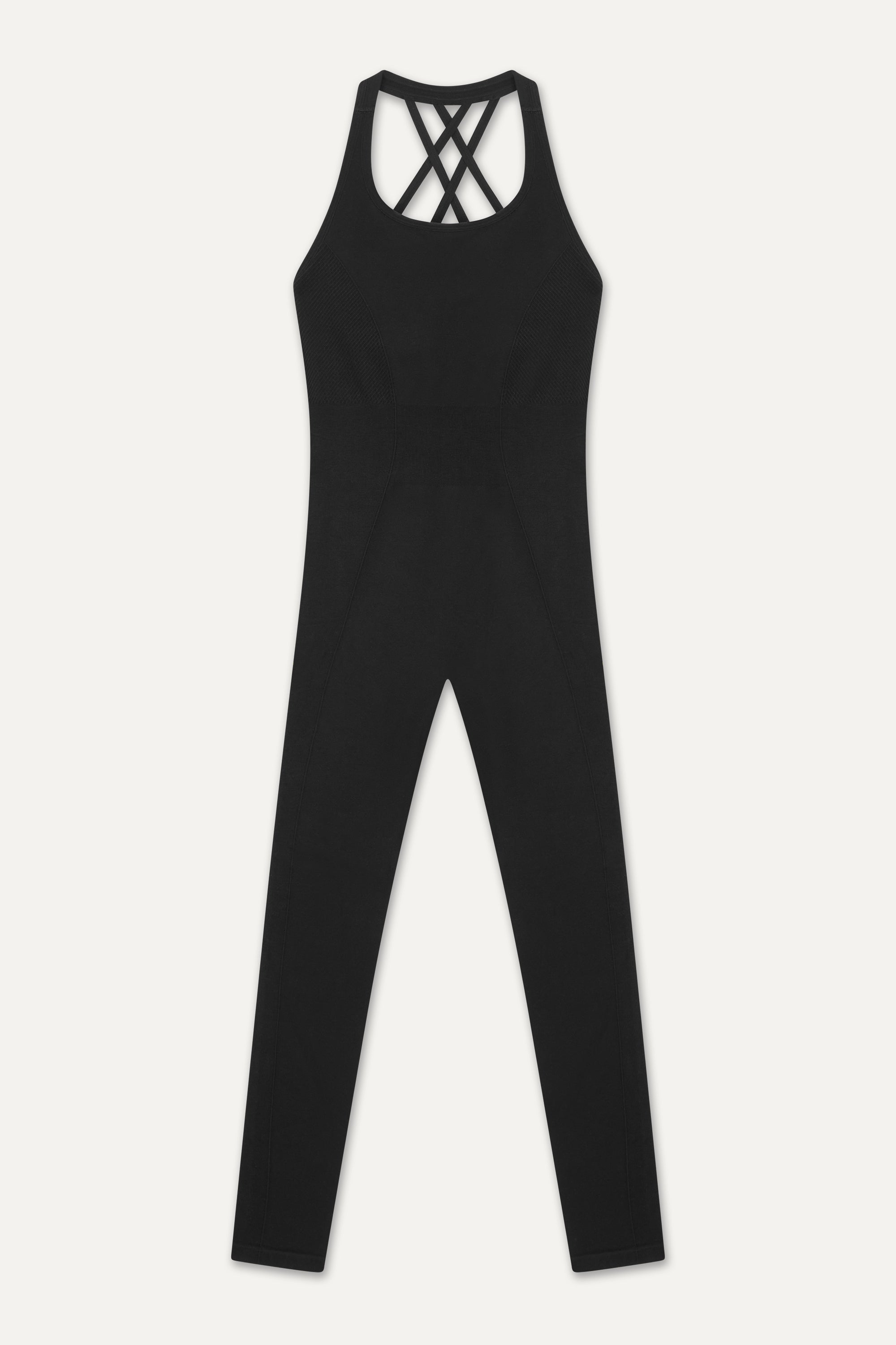 Black seamless sculpting shaping one piece bodysuit with built in shelf bra and removable pads for yoga, pilates, gym and exercise by sustainable activewear brand Jilla Active