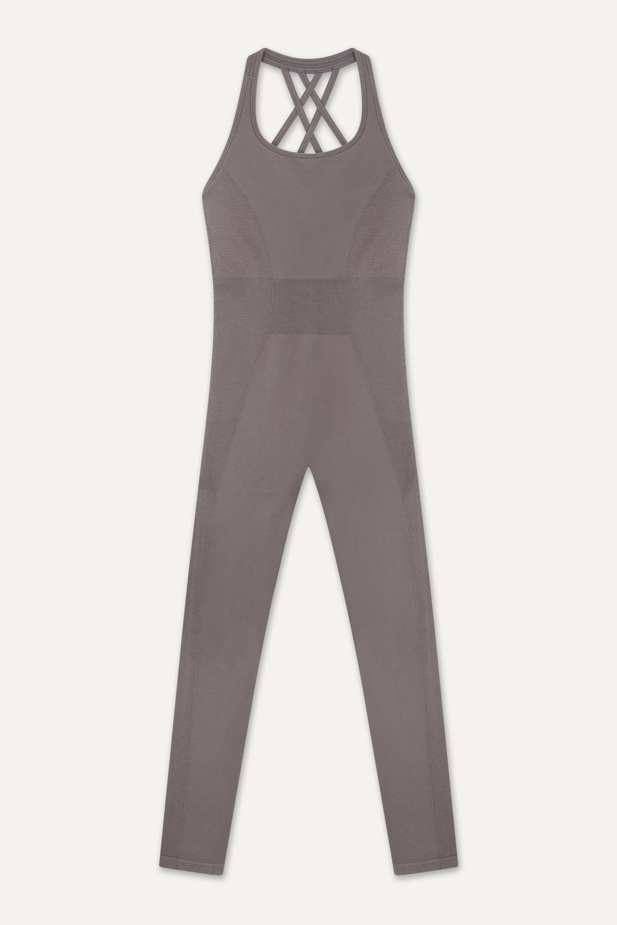 Twilight ash light brown purple seamless sculpting shaping one piece bodysuit with built in shelf bra and removable pads for yoga, pilates, gym and exercise.