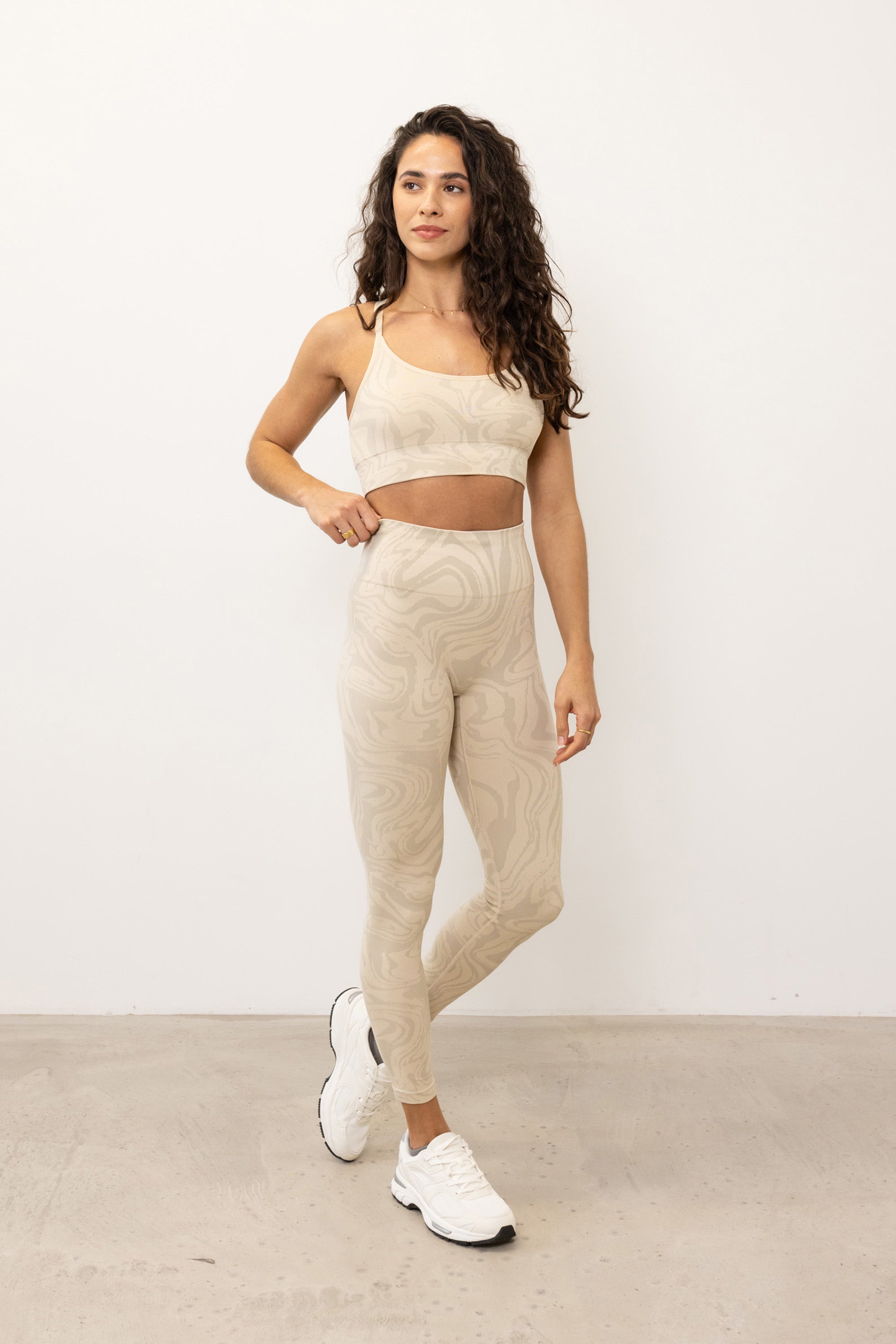 Light beige off white recycled seamless marble jacquard print full length high rise sculpting compressive leggings for yoga, pilates, barre, spinning, running, cycling and exercise.
