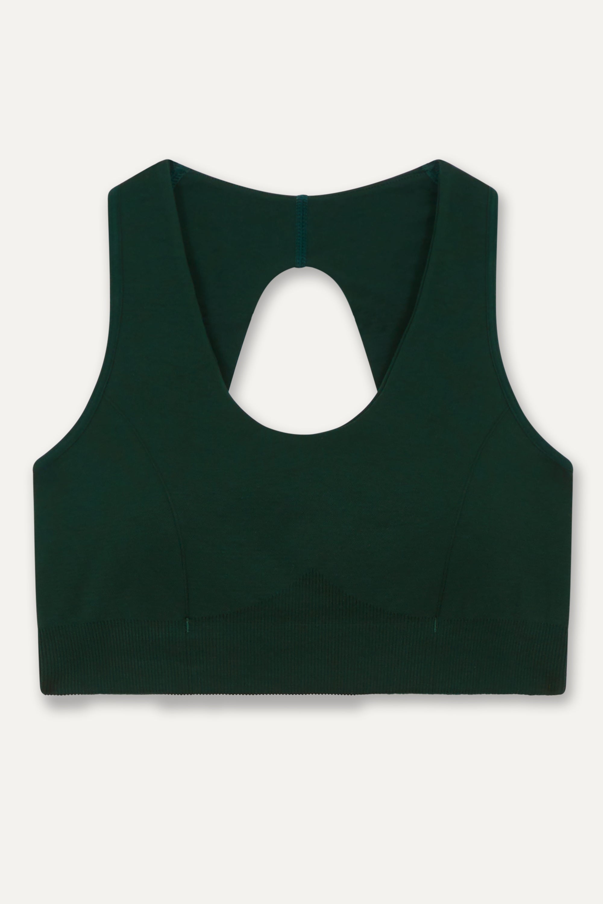 Dark green sculpting, supporting, contouring and shaping V neck sports bra with underband and black detail from recycled seamless fabric for yoga, pilates, gym, barre, running, gym and exercise.