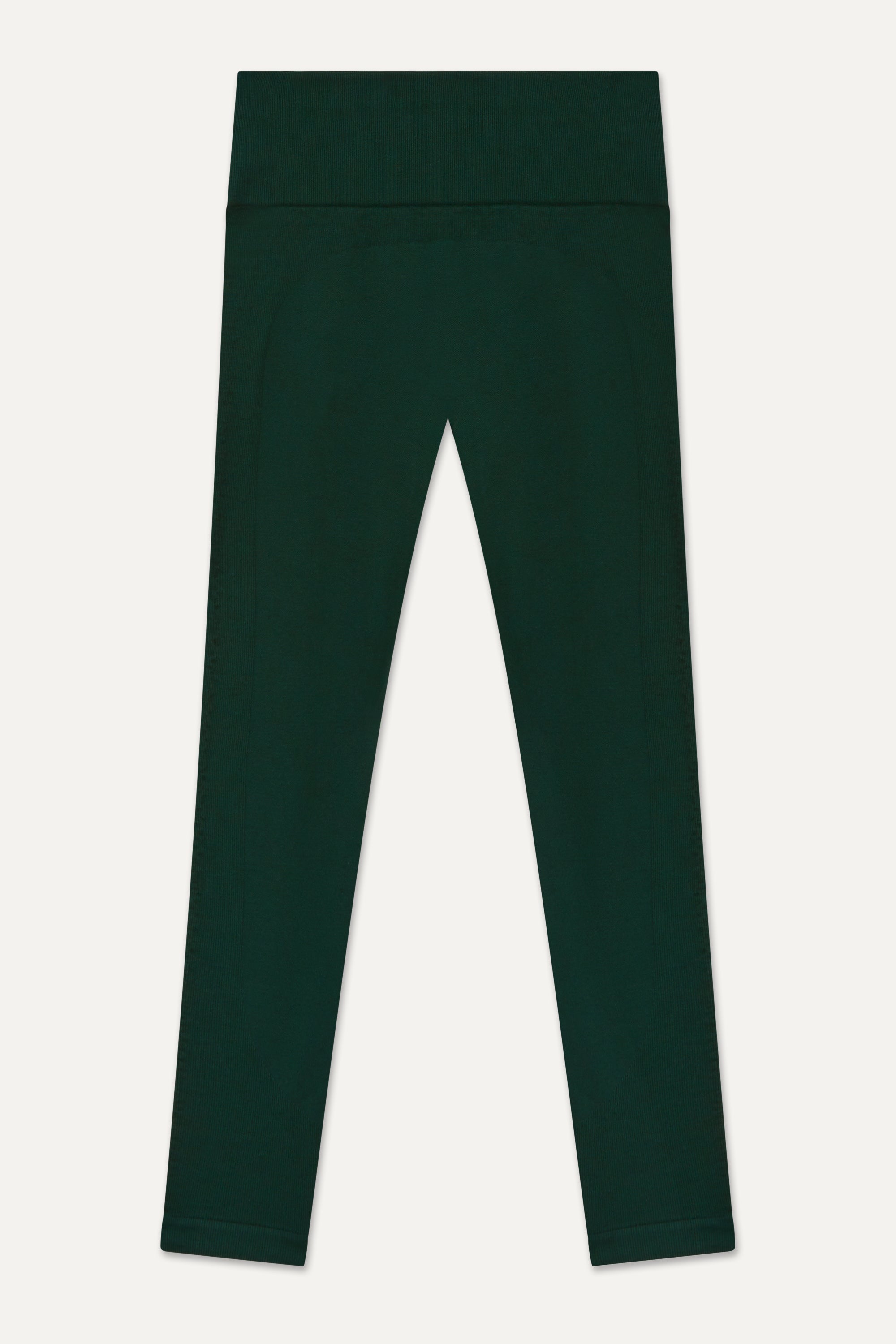 Dark green sculpting, supporting, contouring and shaping 7/8 cropped high waisted leggings with moisture wicking properties for yoga, pilates, barre, gym, running, cycling and exercise by sustainable activewear brand Jilla Active